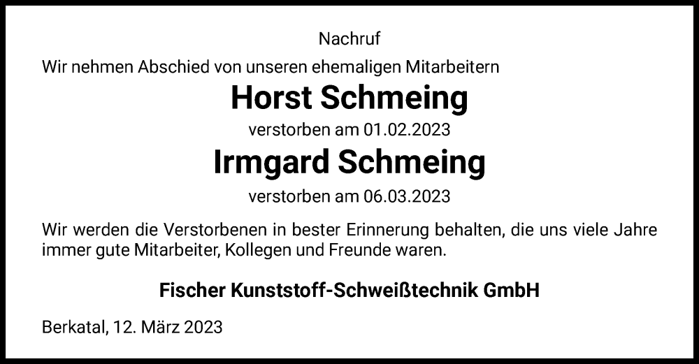  Traueranzeige für Horst Schmeing vom 18.03.2023 aus WRS
