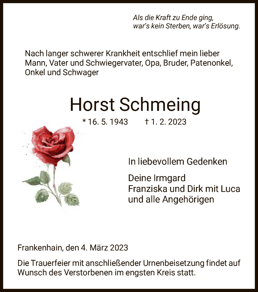  Traueranzeige für Horst Schmeing vom 04.03.2023 aus WRS