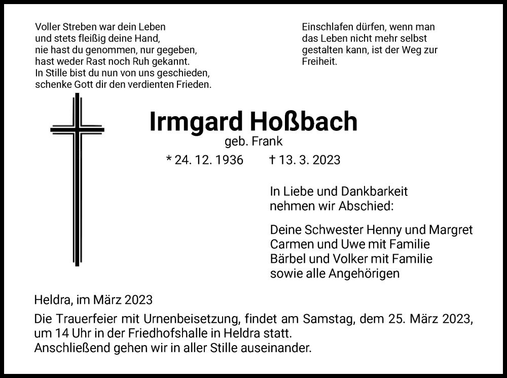  Traueranzeige für Irmgard Hoßbach vom 22.03.2023 aus WRS