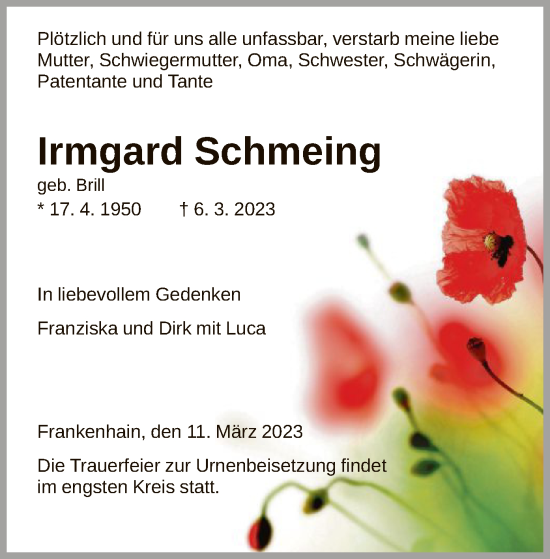 Traueranzeige von Irmgard Schmeing von WRS