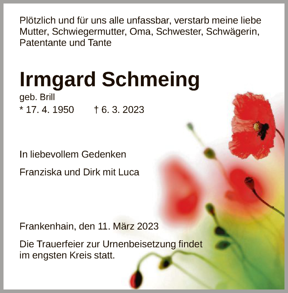  Traueranzeige für Irmgard Schmeing vom 11.03.2023 aus WRS