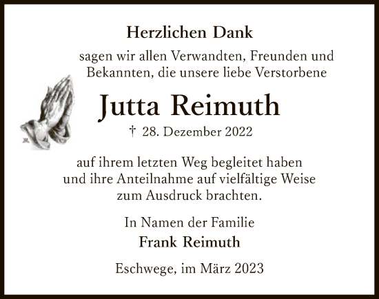 Traueranzeige von Jutta Reimuth von WRS