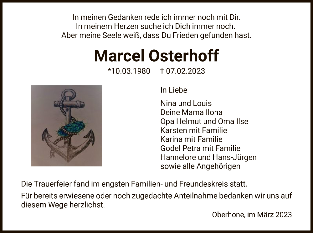  Traueranzeige für Marcel Osterhoff vom 04.03.2023 aus WRS