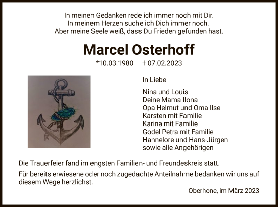 Traueranzeige von Marcel Osterhoff von WRS