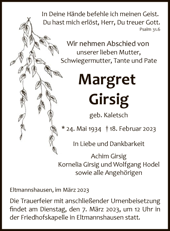 Traueranzeige von Margret Girsig von WRS