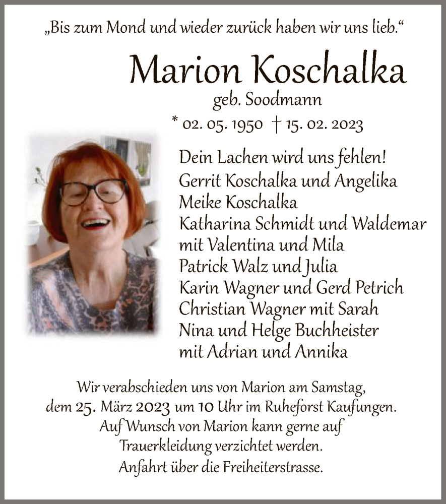  Traueranzeige für Marion Koschalka vom 11.03.2023 aus WRS