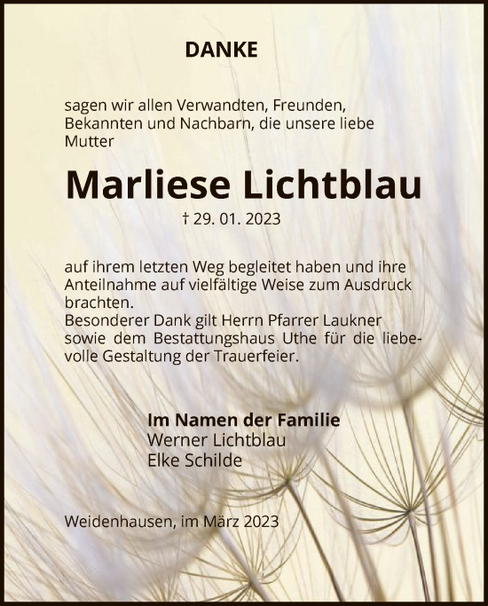 Traueranzeige von Marliese Lichtblau von WRS