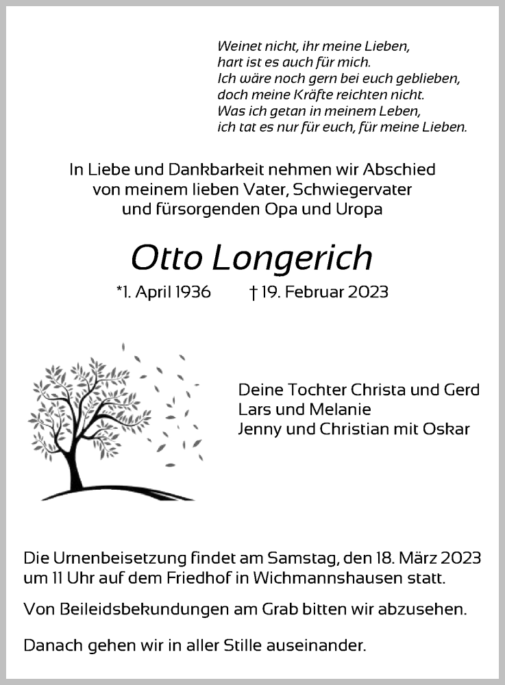  Traueranzeige für Otto Longerich vom 11.03.2023 aus WRS