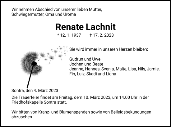 Traueranzeige von Renate Lachnit von WRS