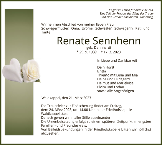 Traueranzeige von Renate Sennhenn von WRS