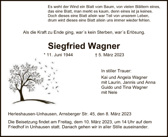 Traueranzeige von Siegfried Wagner von WRS