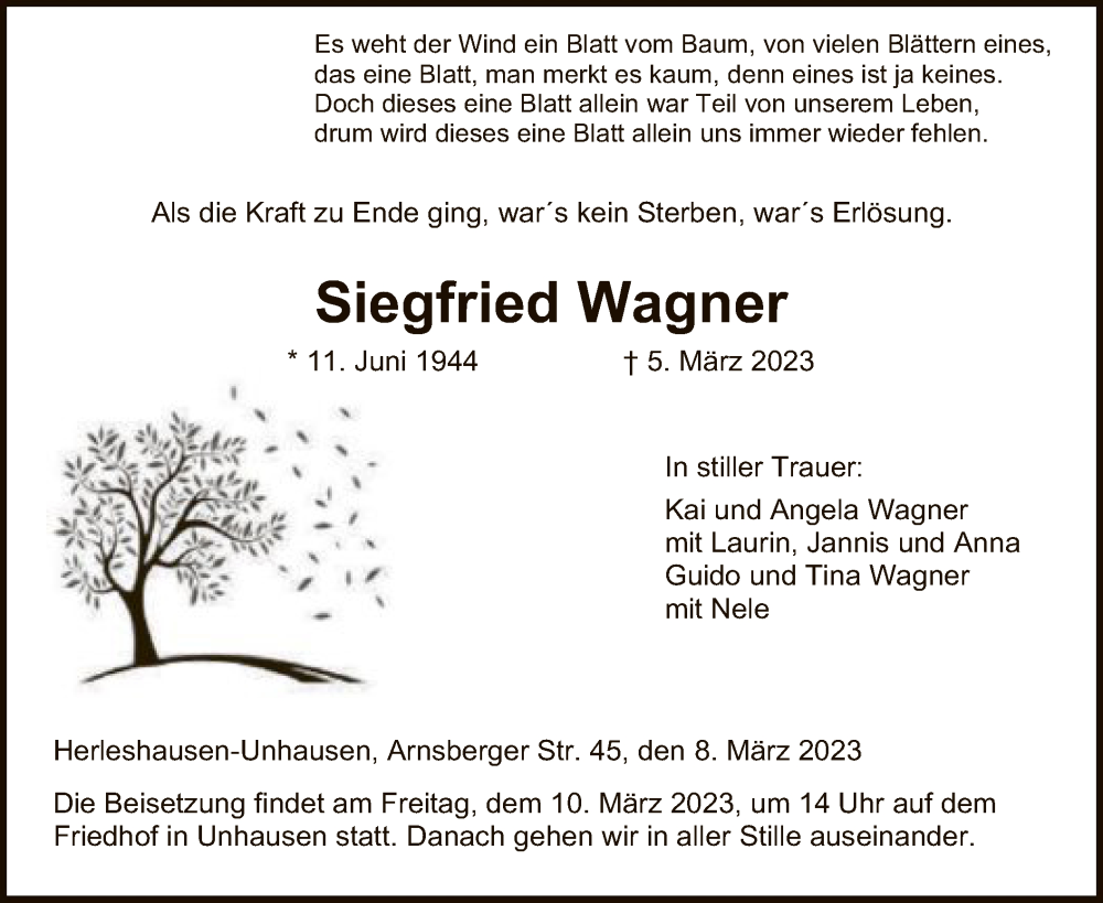  Traueranzeige für Siegfried Wagner vom 08.03.2023 aus WRS