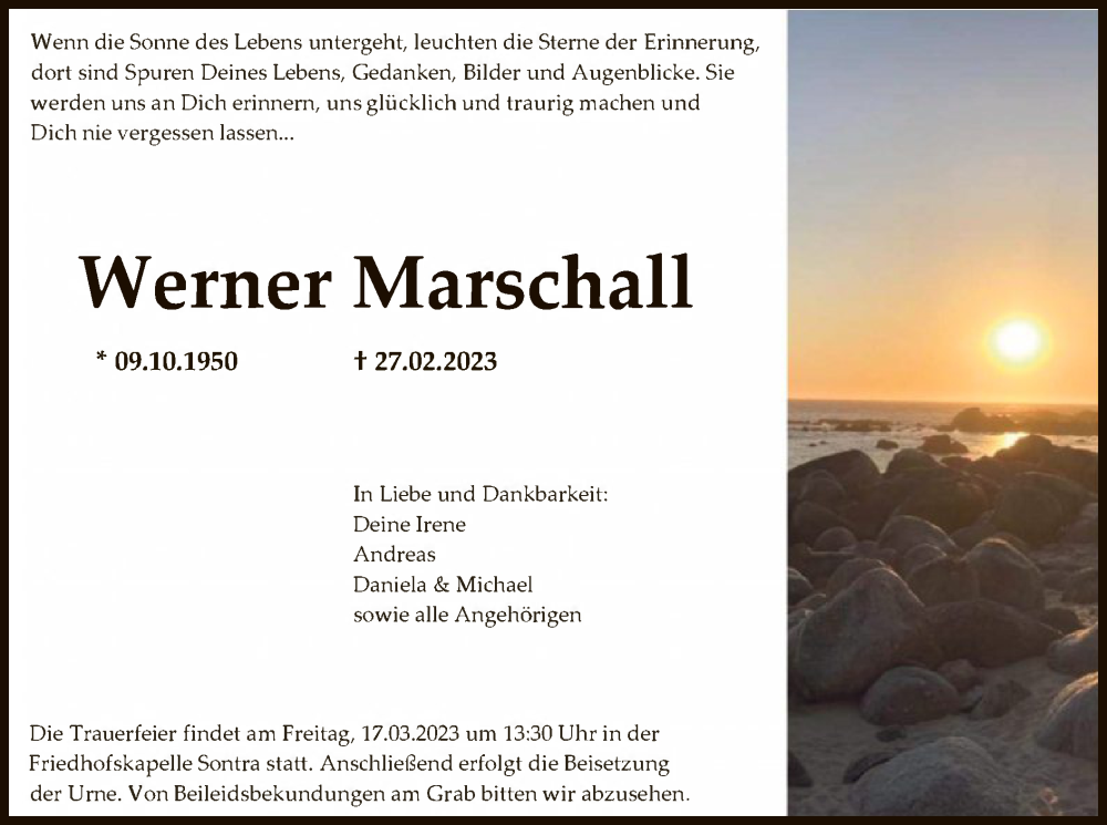  Traueranzeige für Werner Marschall vom 11.03.2023 aus WRS