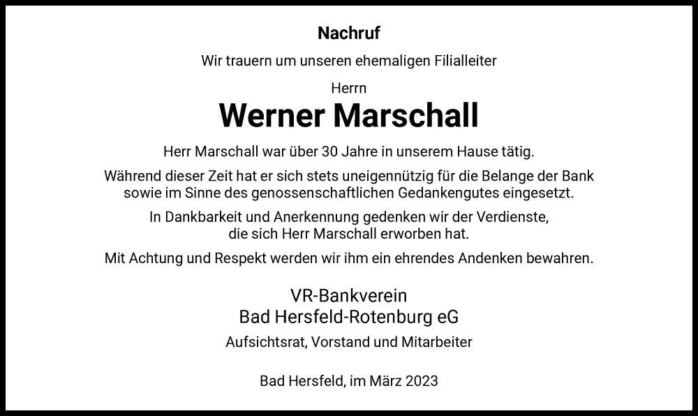  Traueranzeige für Werner Marschall vom 16.03.2023 aus WRS