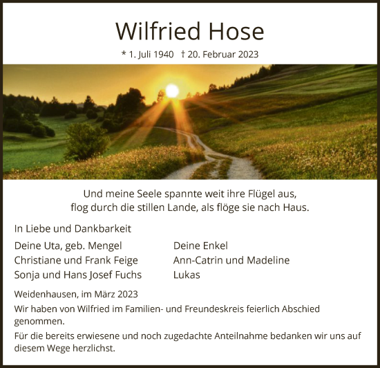 Traueranzeige von Wilfried Hose von WRS