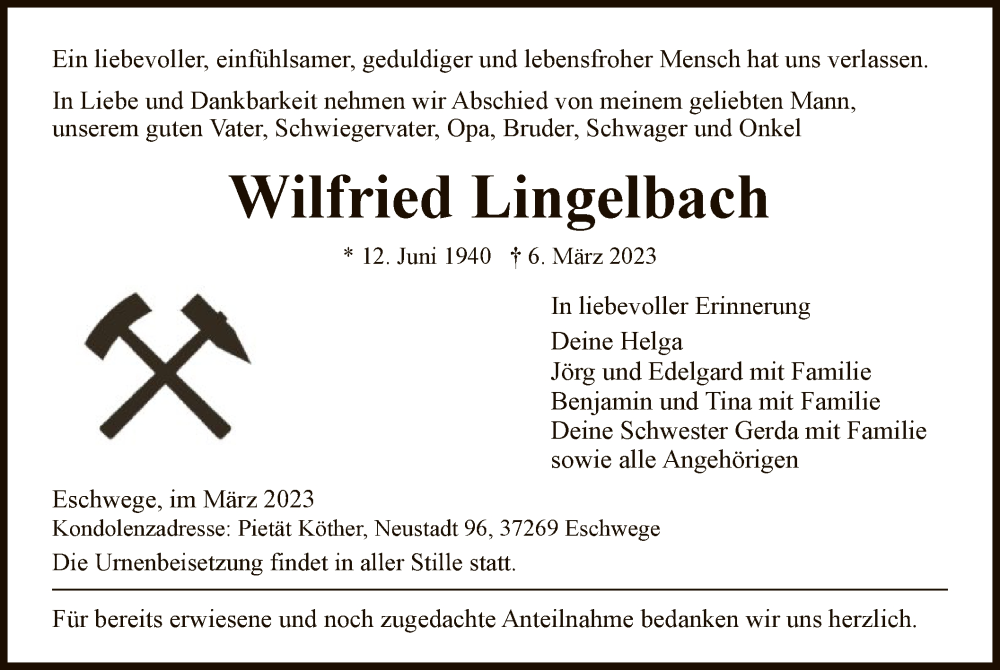  Traueranzeige für Wilfried Lingelbach vom 11.03.2023 aus WRS