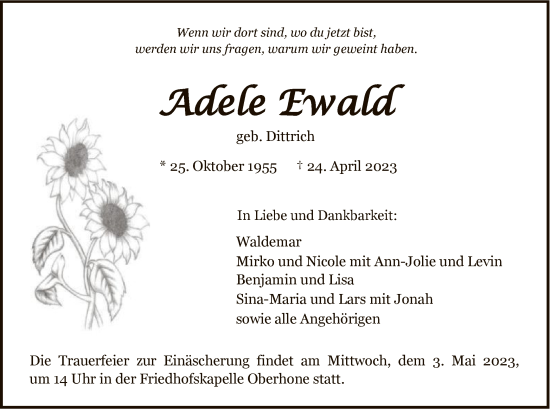 Traueranzeige von Adele Ewald von WRS