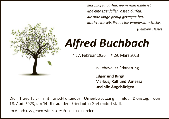 Traueranzeige von Alfred Buchbach von WRS