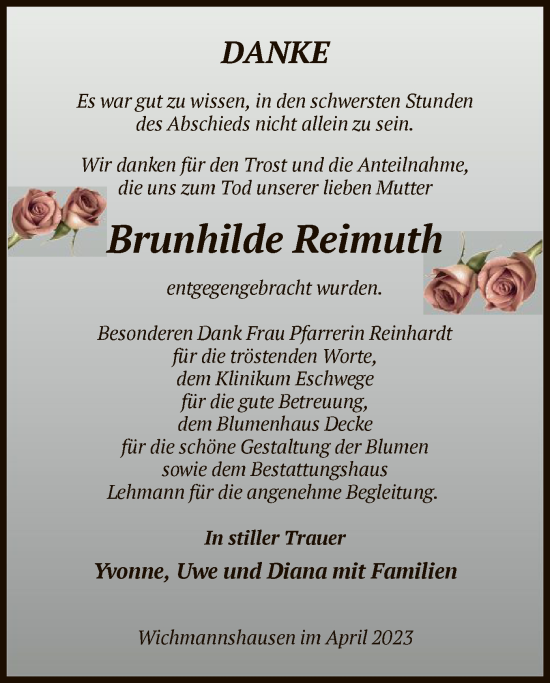 Traueranzeige von Brunhilde Reimuth von WRS