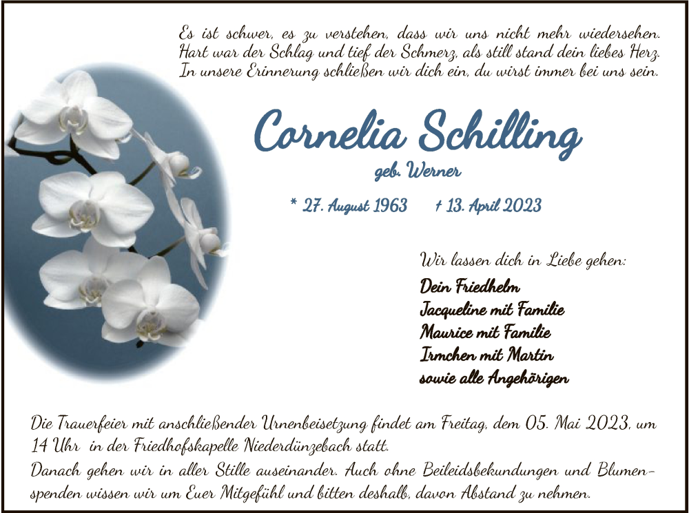  Traueranzeige für Cornelia Schilling vom 29.04.2023 aus WRS