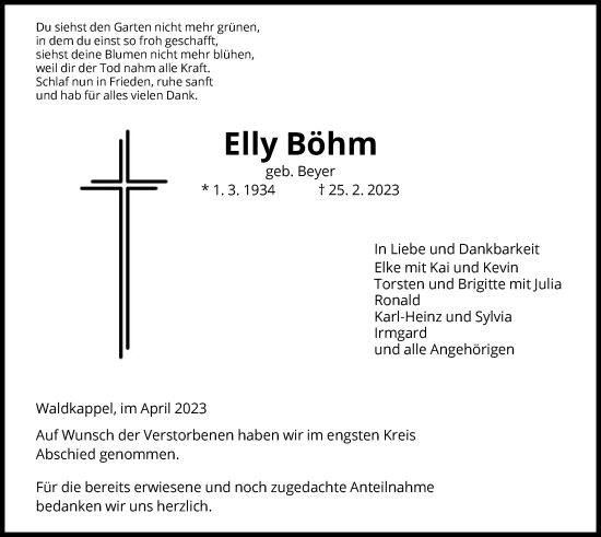 Traueranzeige von Elly Böhm von WRS