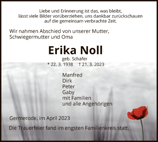 Traueranzeige von Erika Noll von WRS