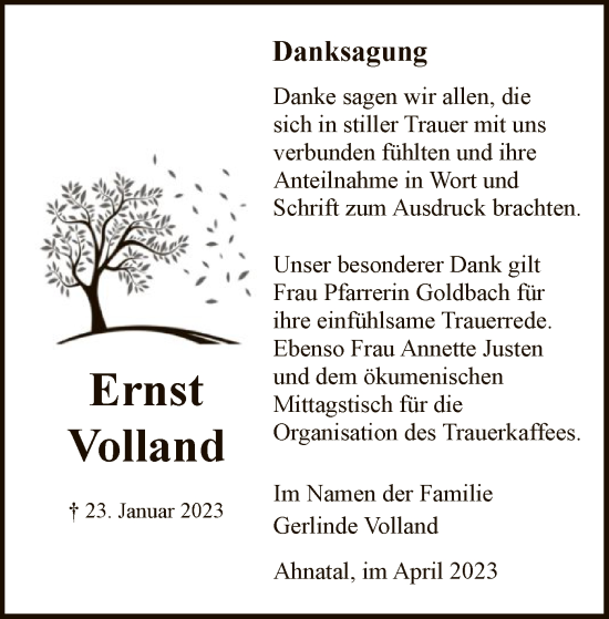 Traueranzeige von Ernst Volland von HNA