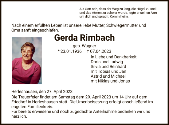 Traueranzeige von Gerda Rimbach von WRS