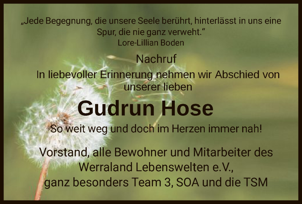  Traueranzeige für Gudrun Hose vom 21.04.2023 aus WRS