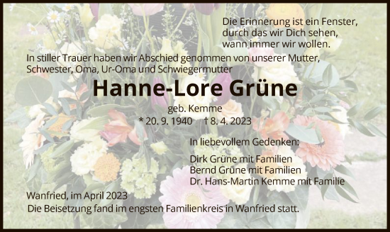 Traueranzeige von Hanne-Lore Grüne von WRS