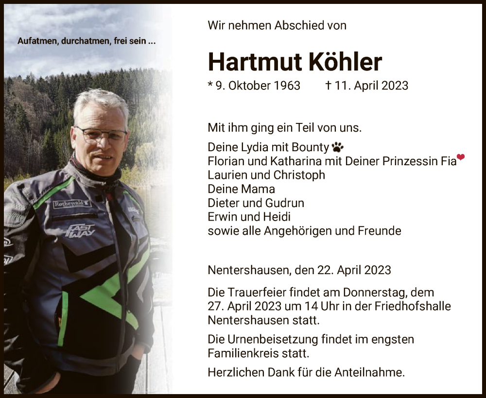  Traueranzeige für Hartmut Köhler vom 22.04.2023 aus HNA