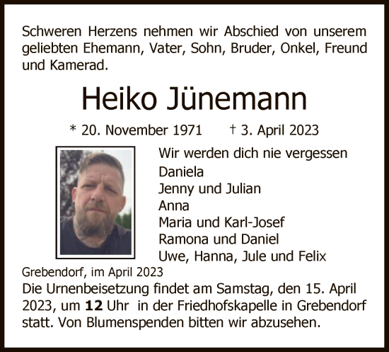 Traueranzeige von Heiko Jünemann von WRS