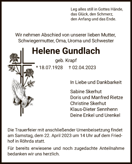 Traueranzeige von Helene Gundlach von WRS