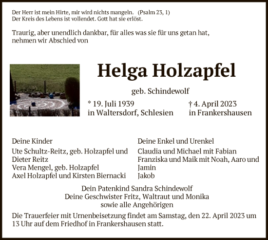 Traueranzeige von Helga Holzapfel von WRS