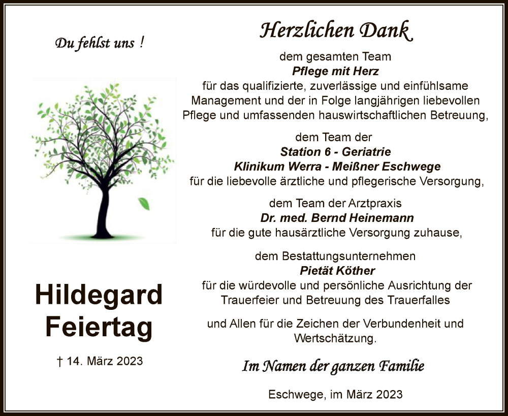  Traueranzeige für Hildegard Feiertag vom 01.04.2023 aus WRS