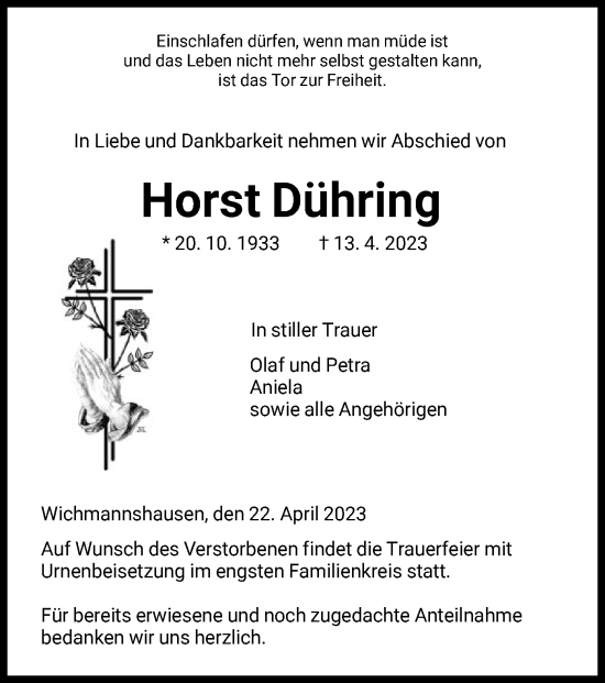 Traueranzeige von Horst Dühring von WRS