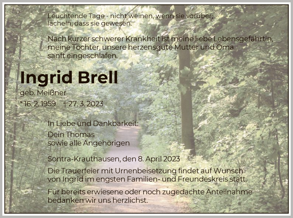  Traueranzeige für Ingrid Brell vom 08.04.2023 aus WRS