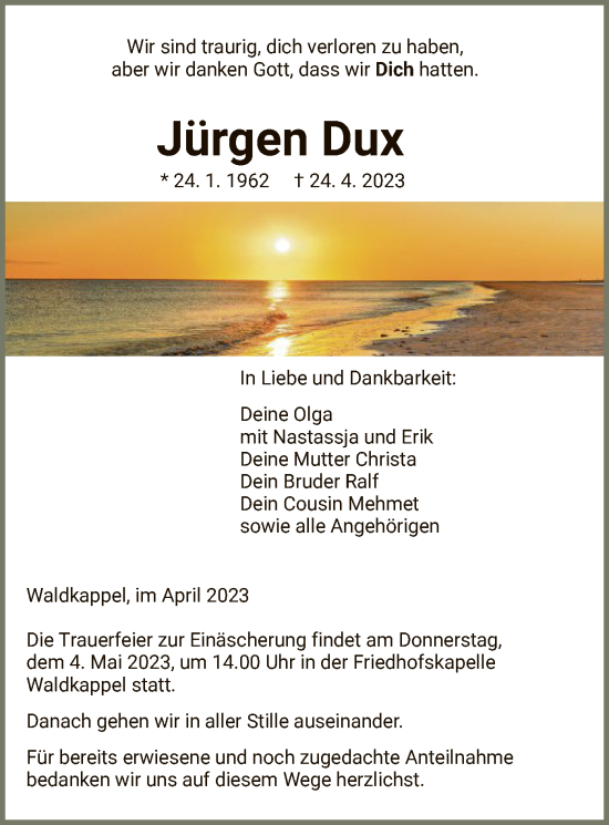 Traueranzeige von Jürgen Dux von WRS