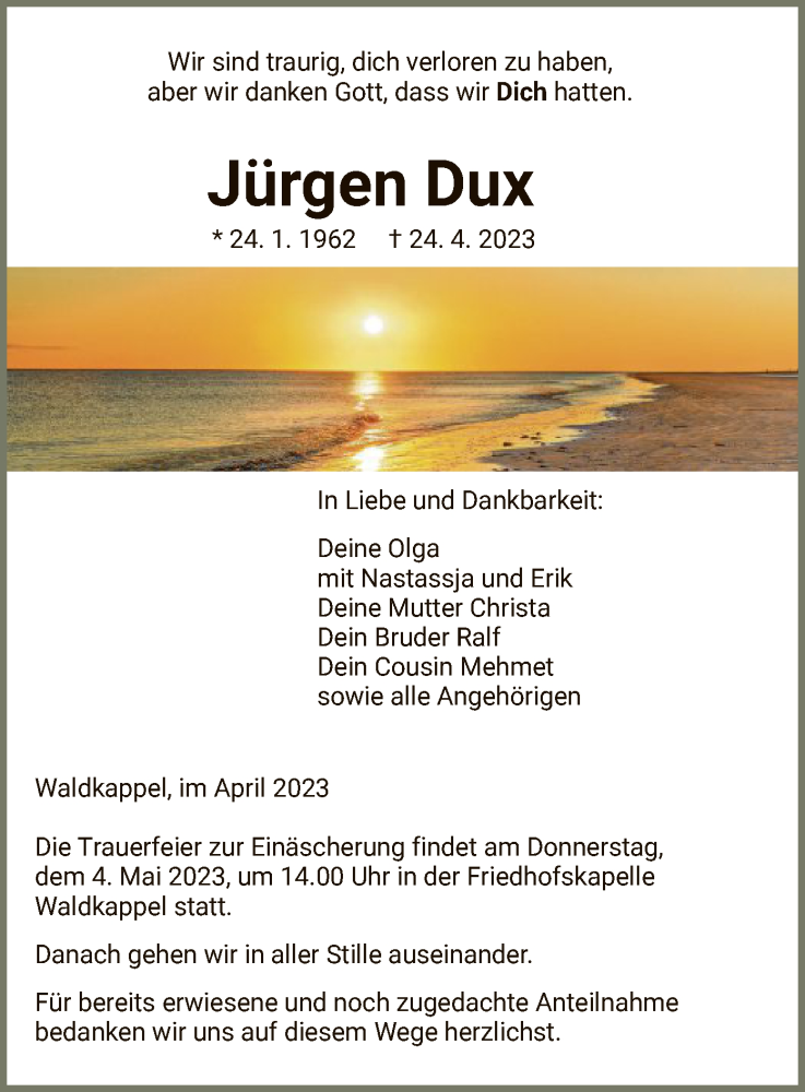  Traueranzeige für Jürgen Dux vom 29.04.2023 aus WRS