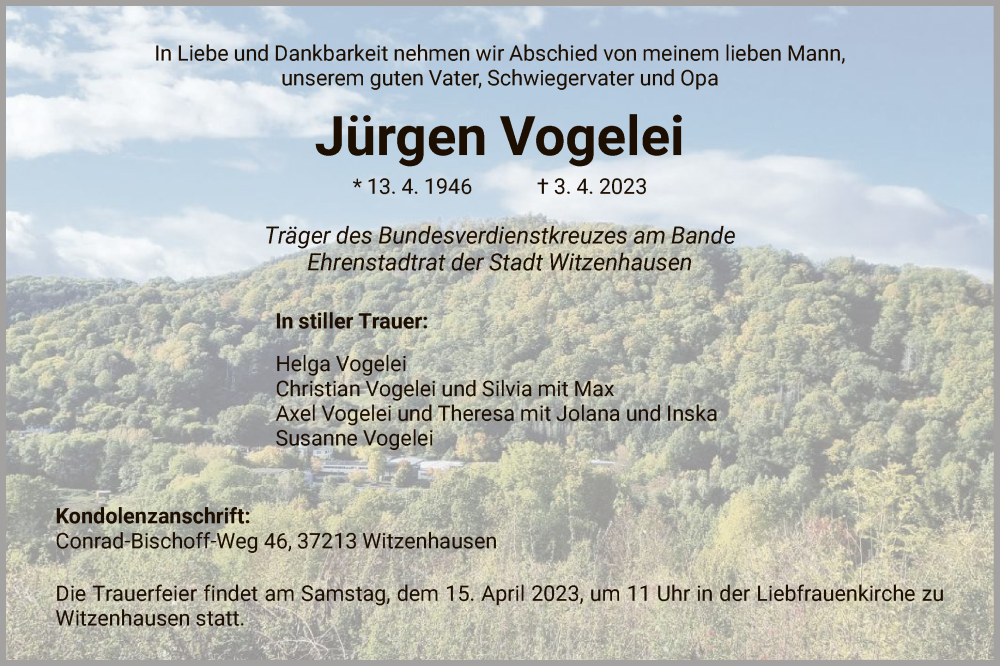  Traueranzeige für Jürgen Vogelei vom 08.04.2023 aus HNA