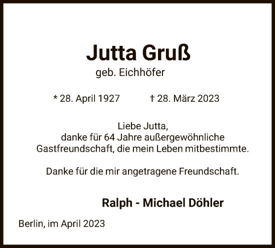 Traueranzeige von Jutta Gruß von WRS