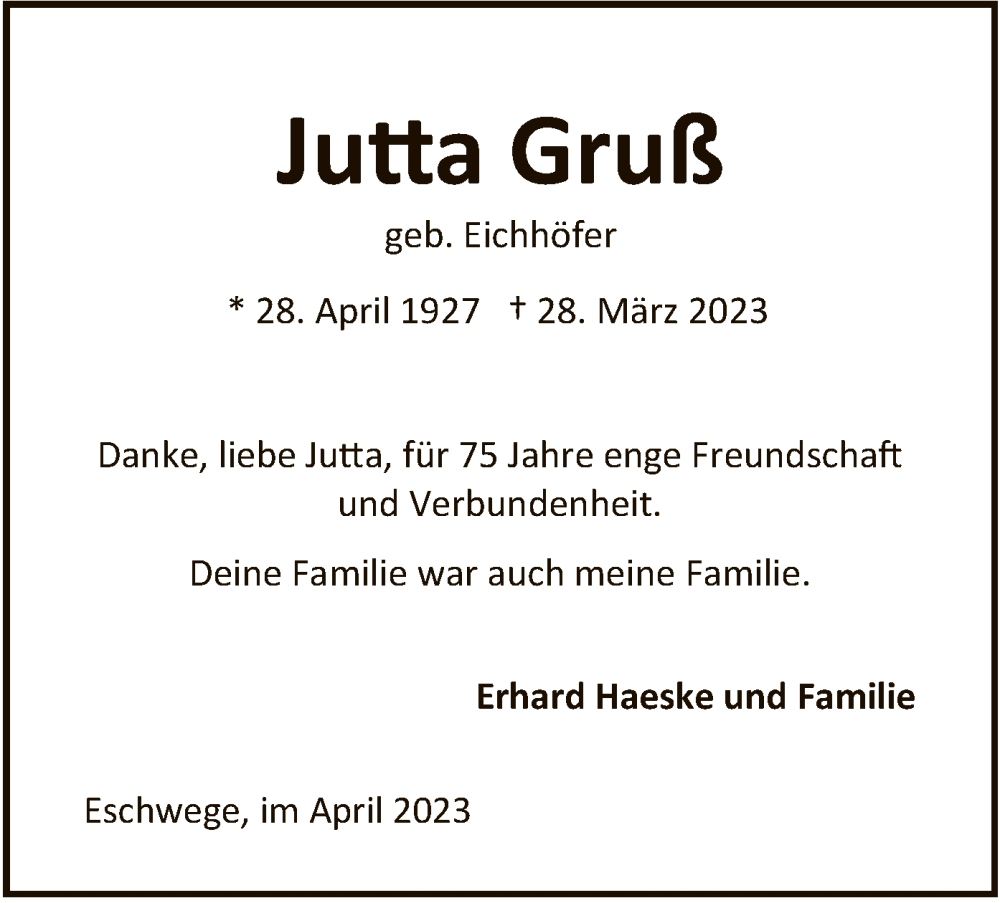  Traueranzeige für Jutta Gruß vom 08.04.2023 aus WRS