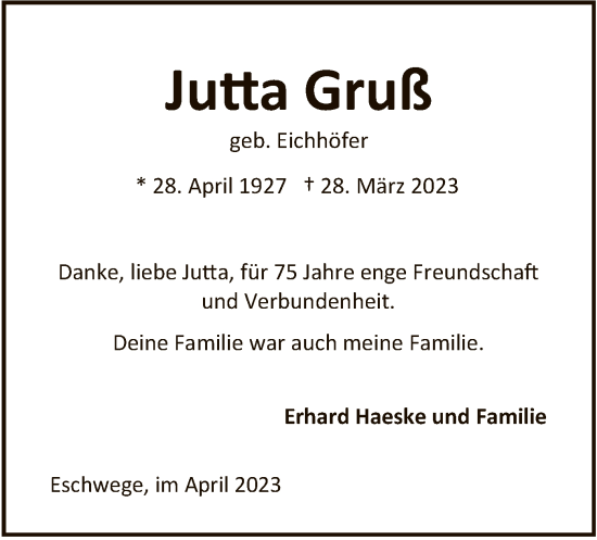 Traueranzeige von Jutta Gruß von WRS