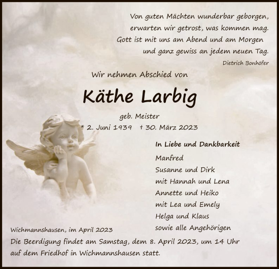 Traueranzeige von Käthe Larbig von WRS