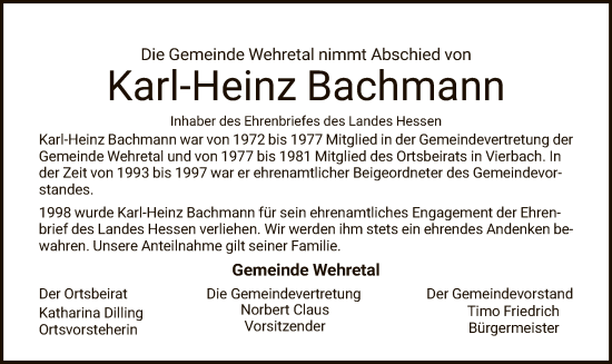 Traueranzeige von Karl-Heinz Bachmann von WRS