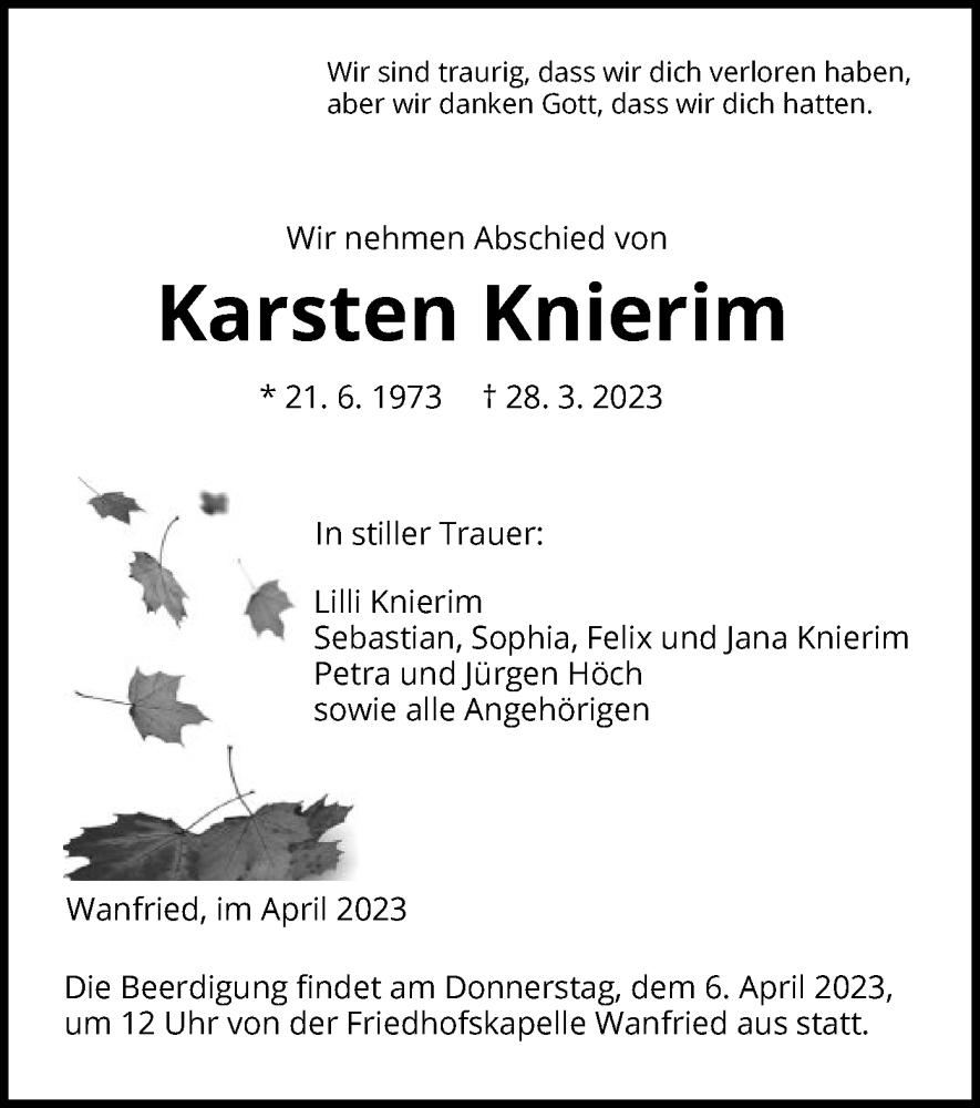  Traueranzeige für Karsten Knierim vom 03.04.2023 aus WRS