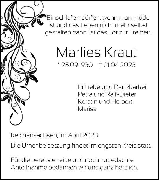 Traueranzeige von Marlies Kraut von WRS