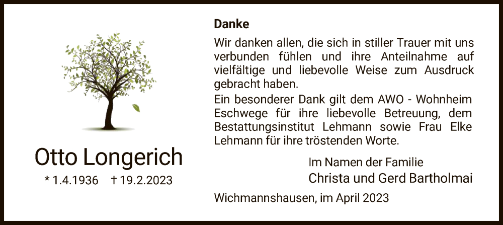  Traueranzeige für Otto Longerich vom 01.04.2023 aus WRS