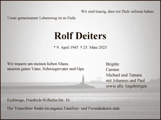 Traueranzeige von Rolf Deiters von WRS