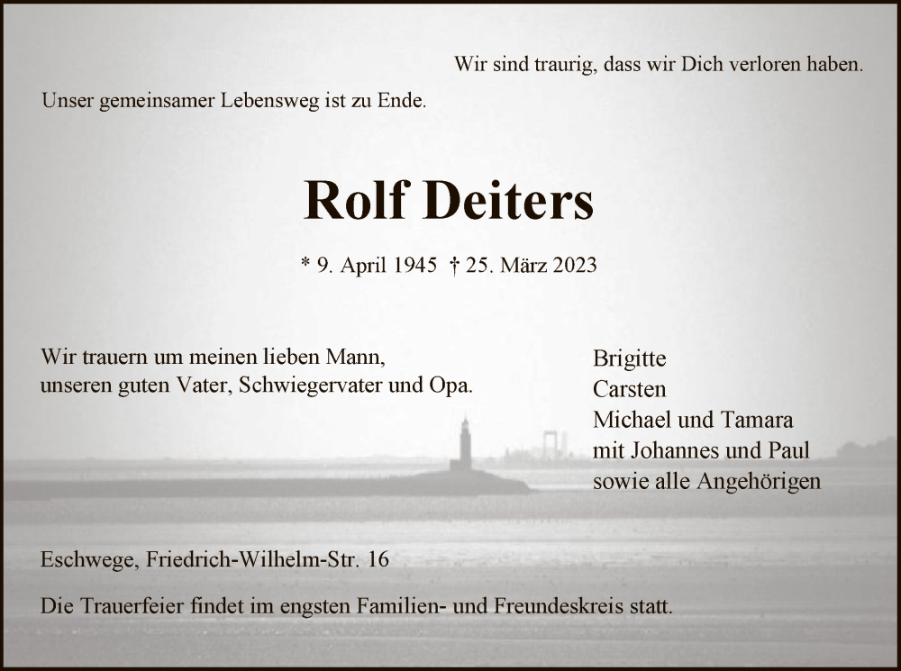  Traueranzeige für Rolf Deiters vom 01.04.2023 aus WRS